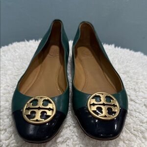 Tory Burch Green and Black Leather Logo Ballet Flats